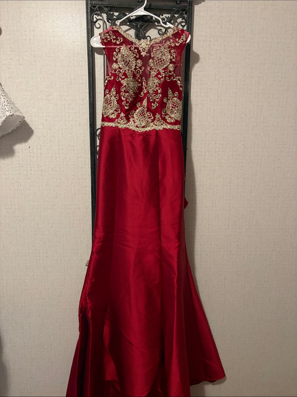 Red Satin Prom Gown with Gold Embroidered Bodice
